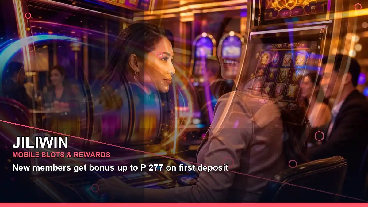 JILIWIN fruit reels online slot games featuring an adult Filipina casino host with a left-diagonal composition