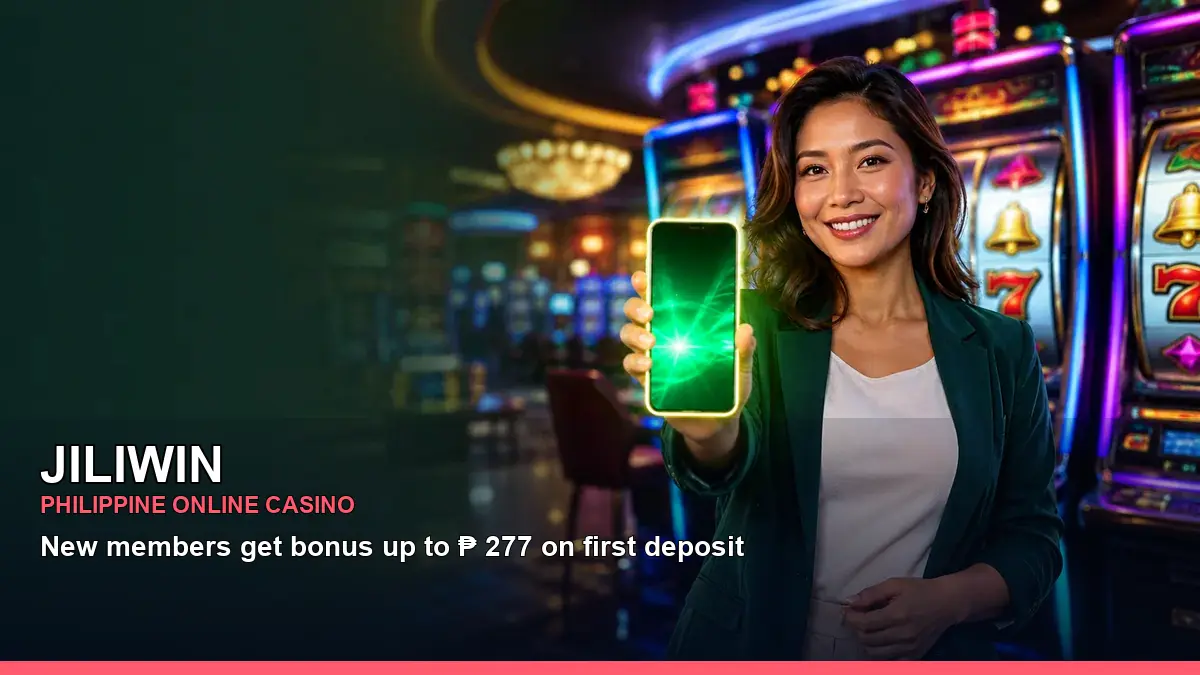 JILIWIN casino first deposit rewards featuring an adult Filipina casino host with a vivid composition